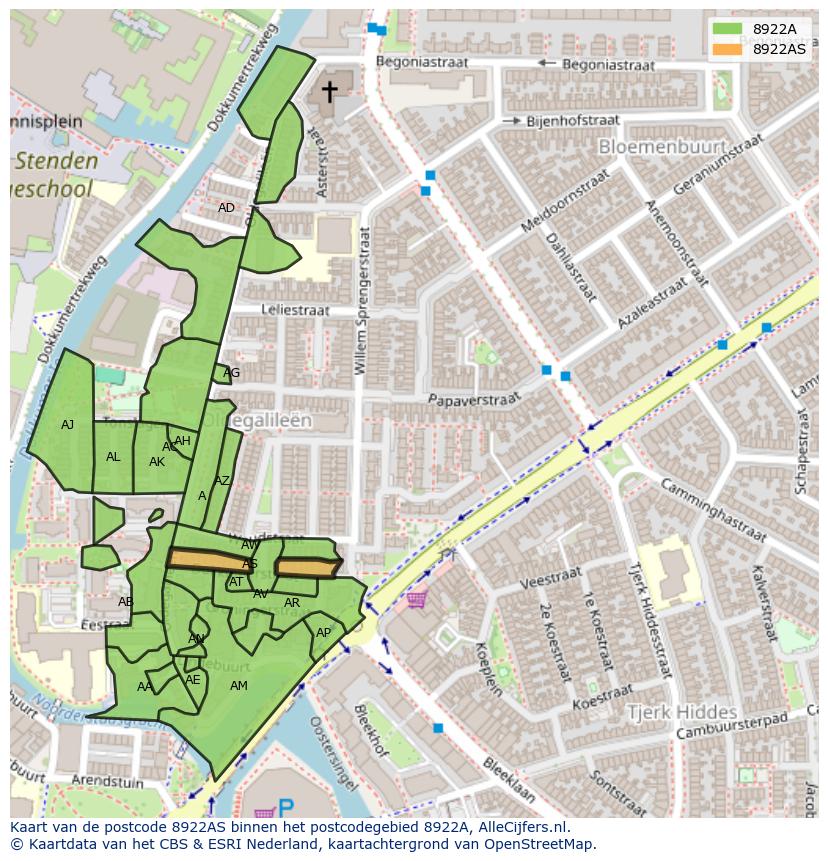 Afbeelding van het postcodegebied 8922 AS op de kaart.