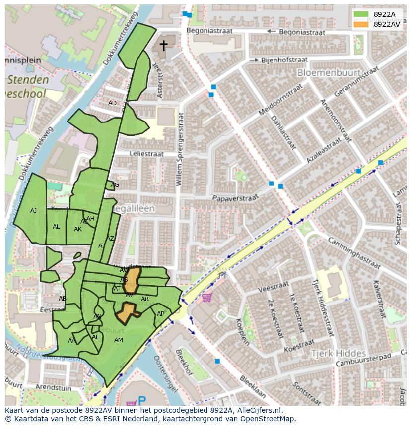 Afbeelding van het postcodegebied 8922 AV op de kaart.