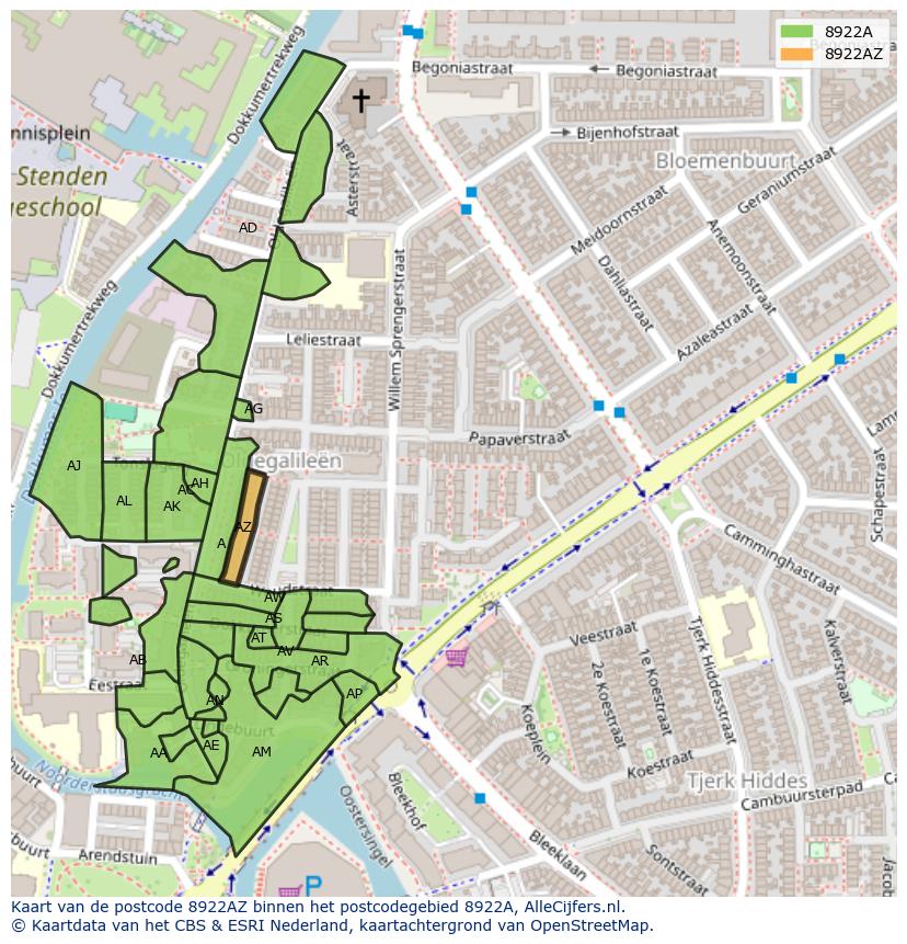 Afbeelding van het postcodegebied 8922 AZ op de kaart.