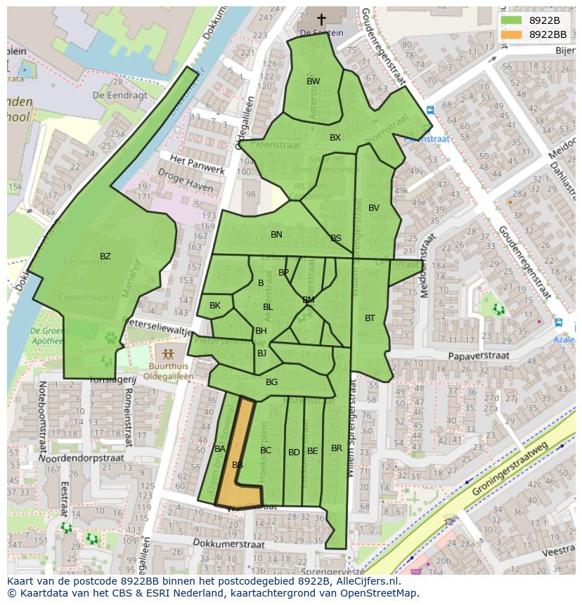 Afbeelding van het postcodegebied 8922 BB op de kaart.