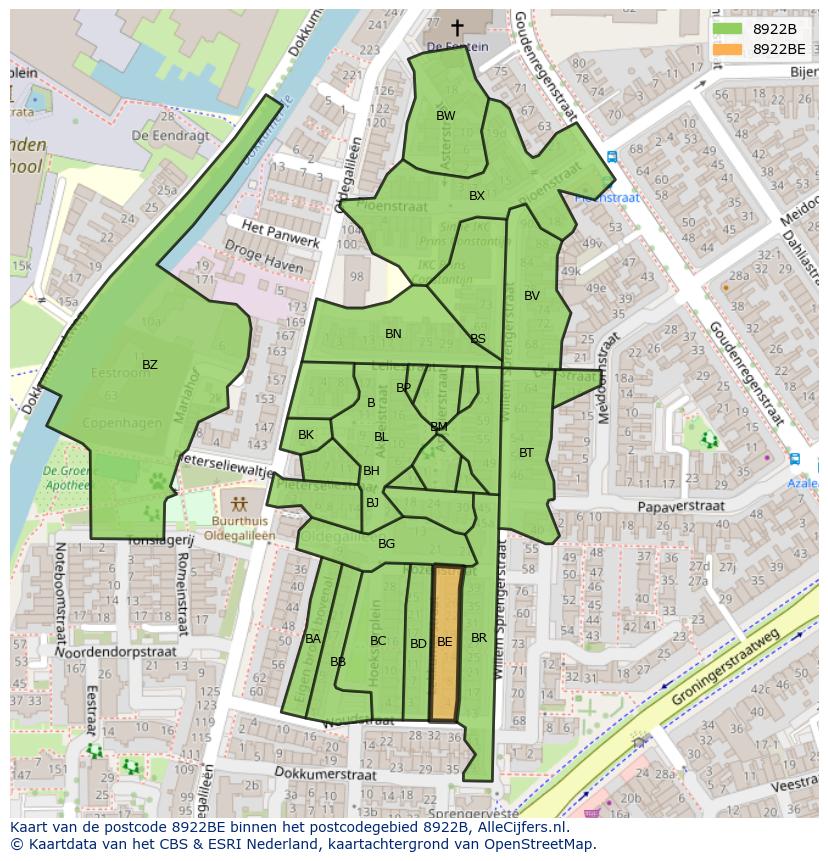Afbeelding van het postcodegebied 8922 BE op de kaart.