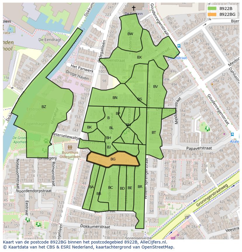 Afbeelding van het postcodegebied 8922 BG op de kaart.