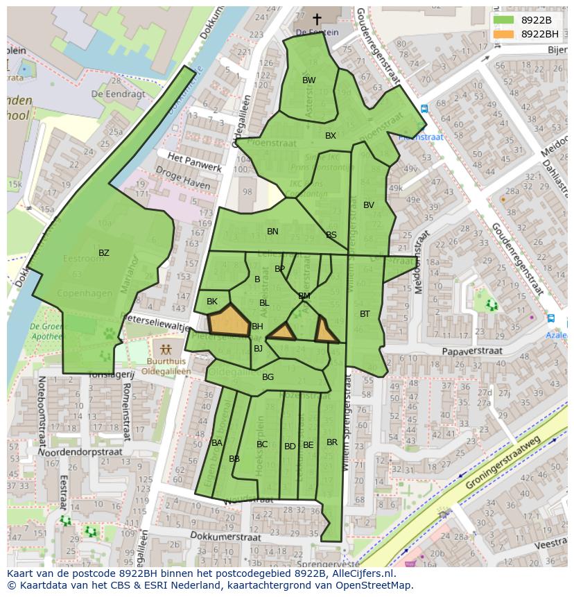 Afbeelding van het postcodegebied 8922 BH op de kaart.