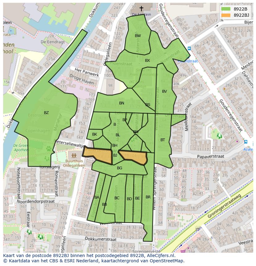 Afbeelding van het postcodegebied 8922 BJ op de kaart.