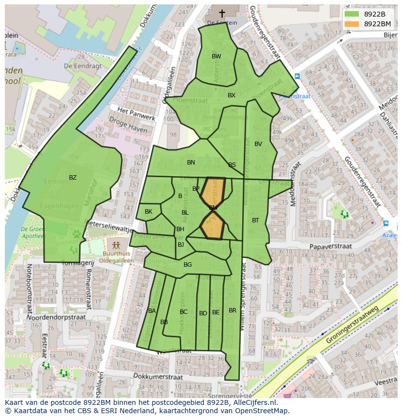 Afbeelding van het postcodegebied 8922 BM op de kaart.
