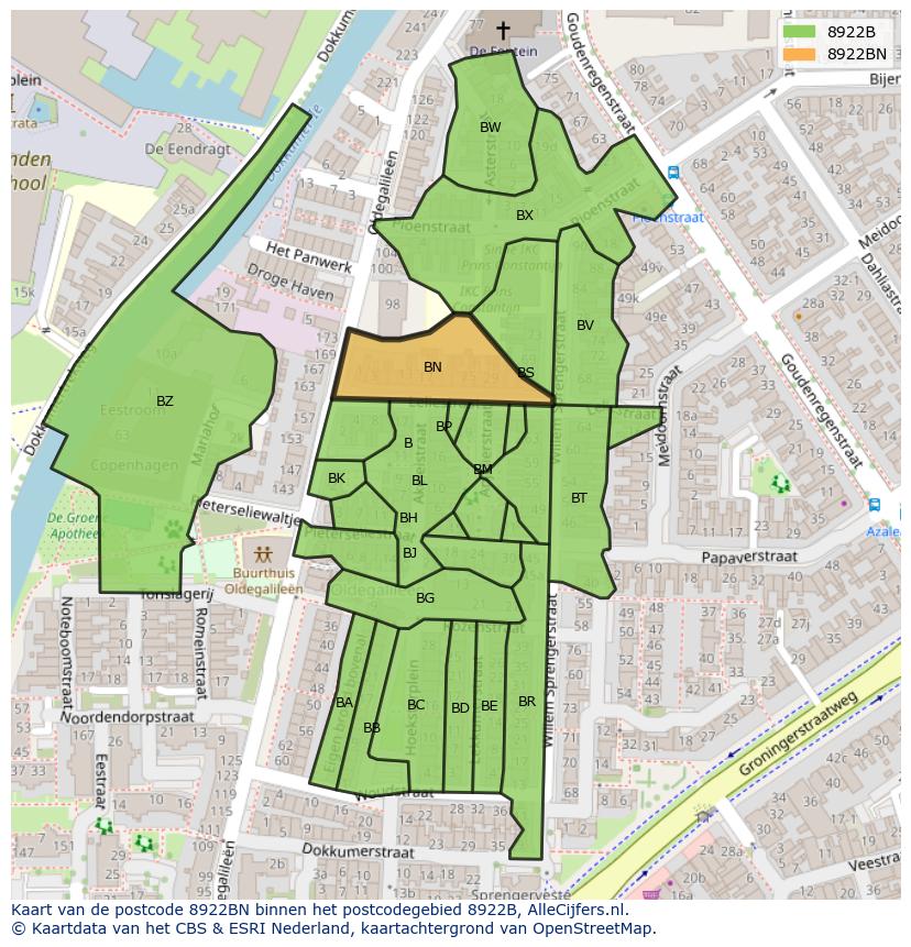 Afbeelding van het postcodegebied 8922 BN op de kaart.