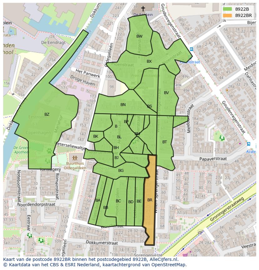 Afbeelding van het postcodegebied 8922 BR op de kaart.