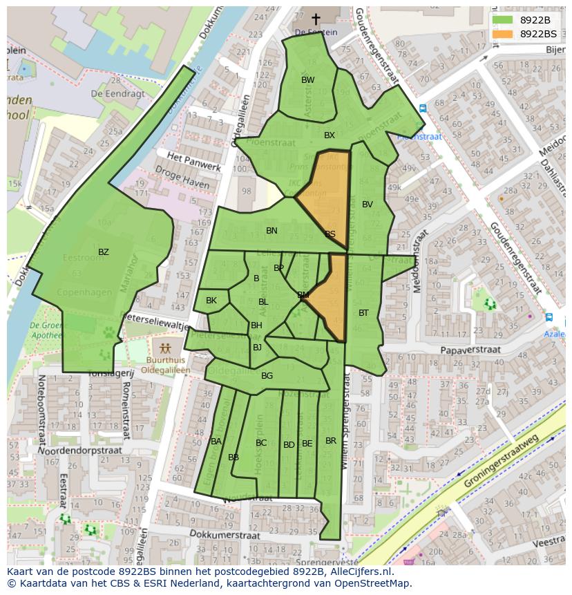 Afbeelding van het postcodegebied 8922 BS op de kaart.