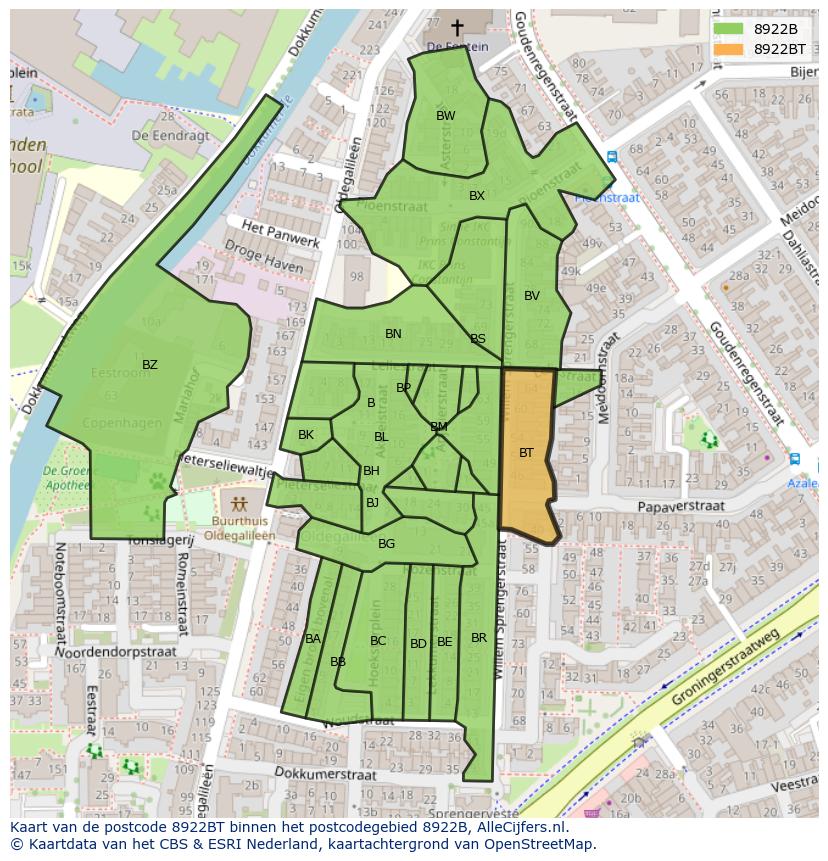Afbeelding van het postcodegebied 8922 BT op de kaart.