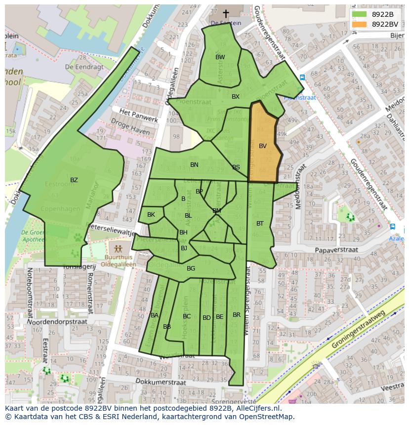 Afbeelding van het postcodegebied 8922 BV op de kaart.