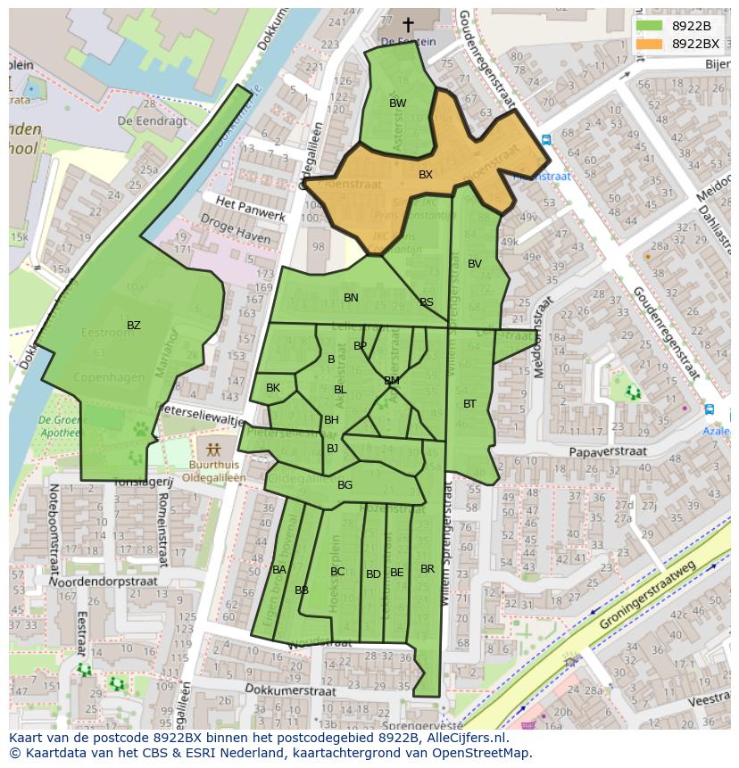Afbeelding van het postcodegebied 8922 BX op de kaart.