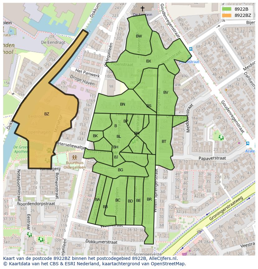 Afbeelding van het postcodegebied 8922 BZ op de kaart.