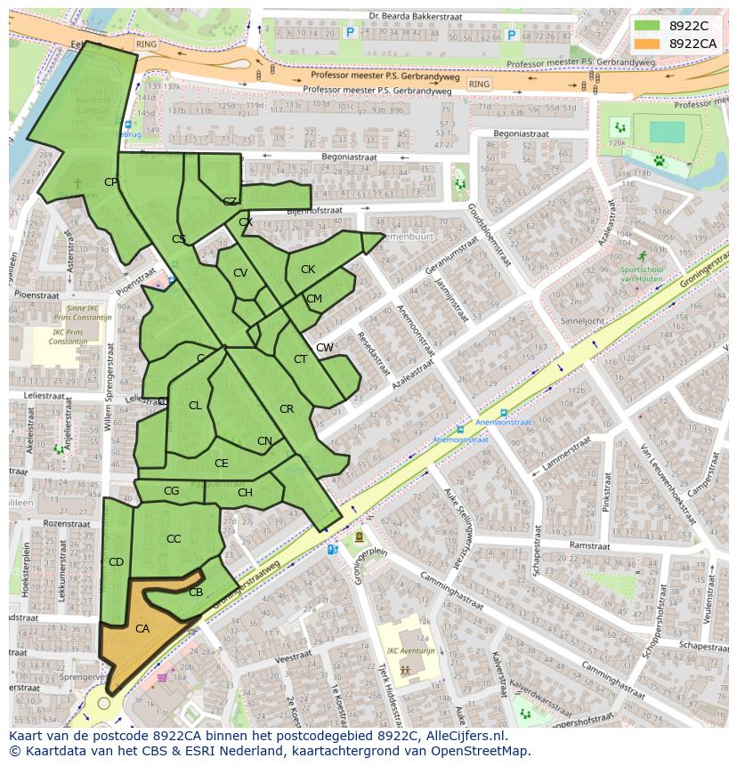 Afbeelding van het postcodegebied 8922 CA op de kaart.