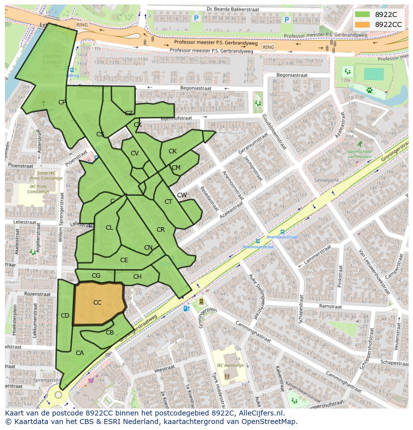 Afbeelding van het postcodegebied 8922 CC op de kaart.