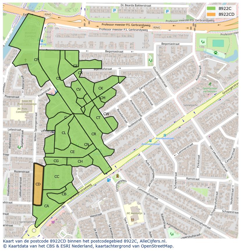 Afbeelding van het postcodegebied 8922 CD op de kaart.