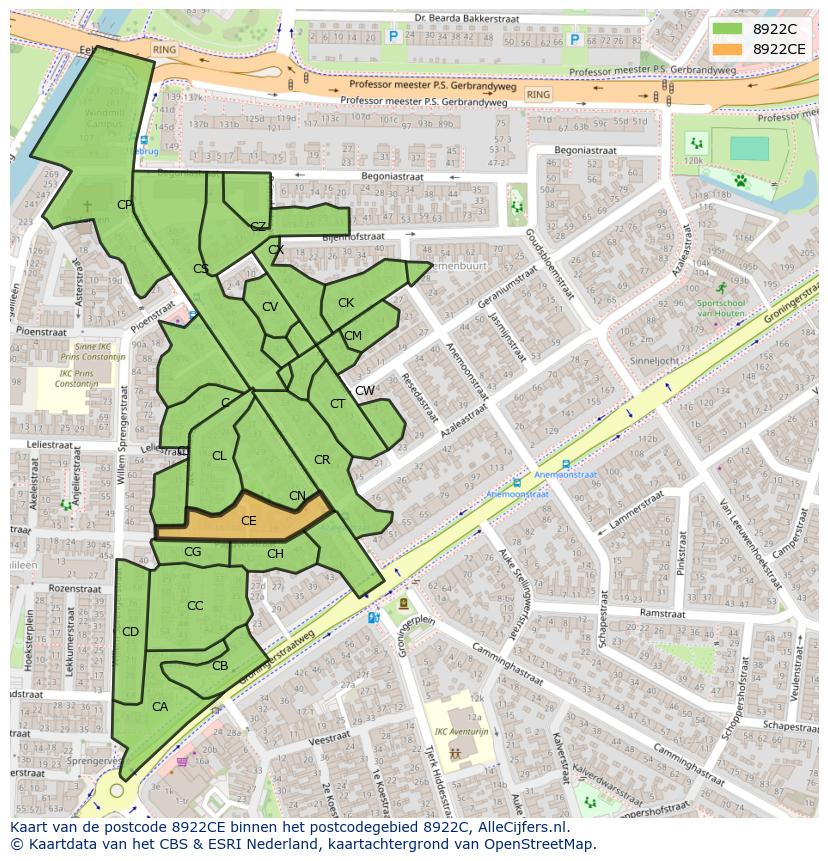 Afbeelding van het postcodegebied 8922 CE op de kaart.