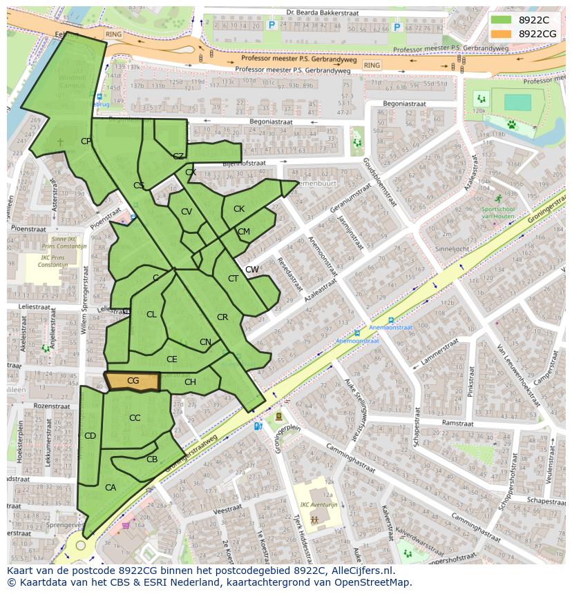 Afbeelding van het postcodegebied 8922 CG op de kaart.