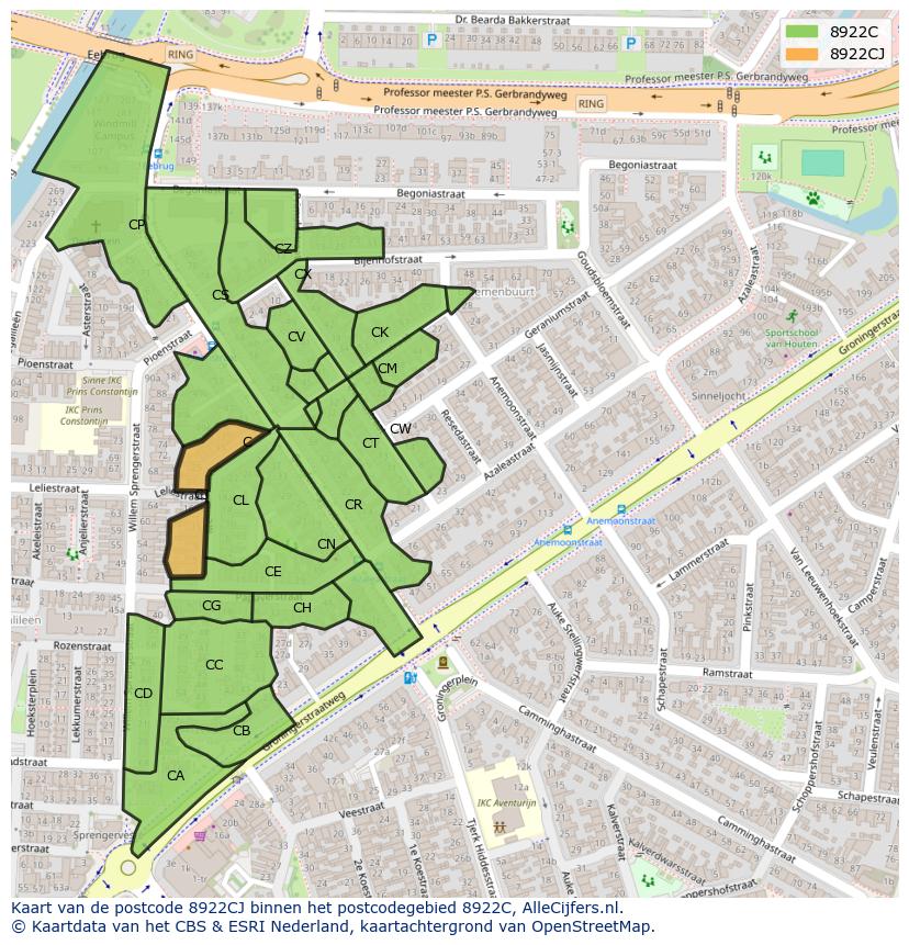 Afbeelding van het postcodegebied 8922 CJ op de kaart.