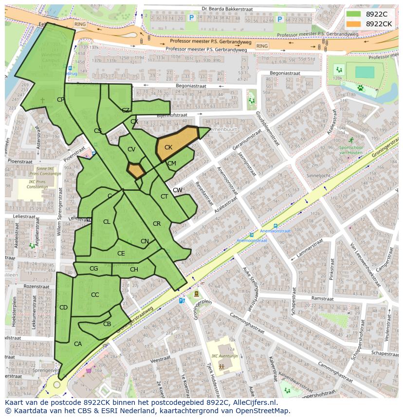 Afbeelding van het postcodegebied 8922 CK op de kaart.