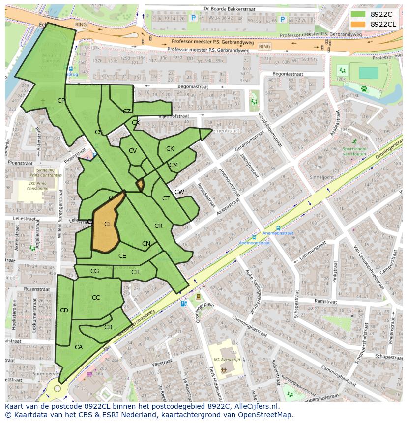Afbeelding van het postcodegebied 8922 CL op de kaart.