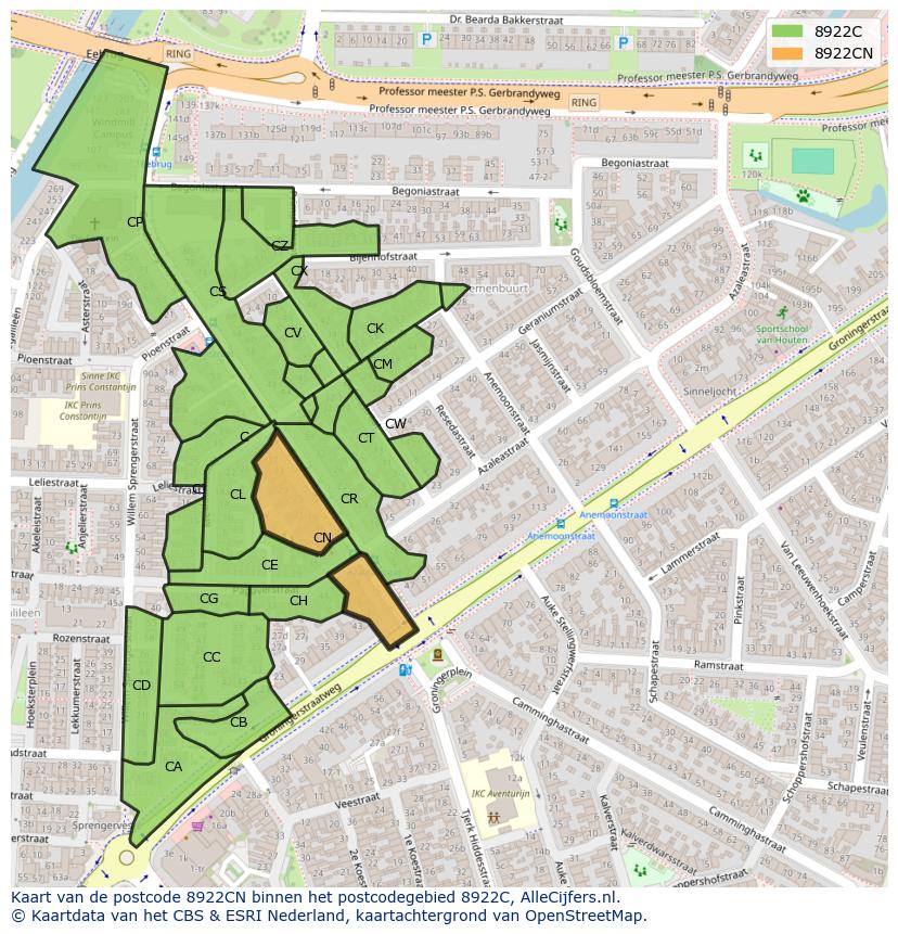 Afbeelding van het postcodegebied 8922 CN op de kaart.