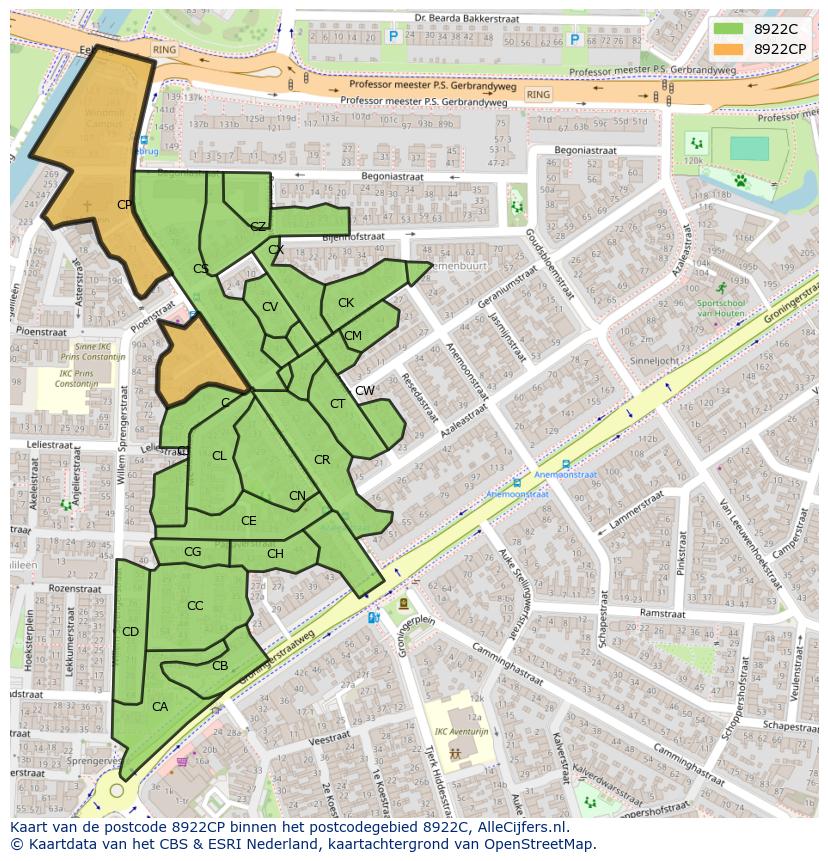 Afbeelding van het postcodegebied 8922 CP op de kaart.