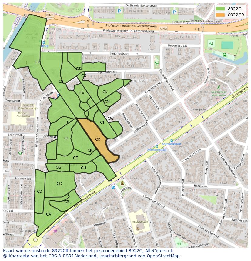 Afbeelding van het postcodegebied 8922 CR op de kaart.