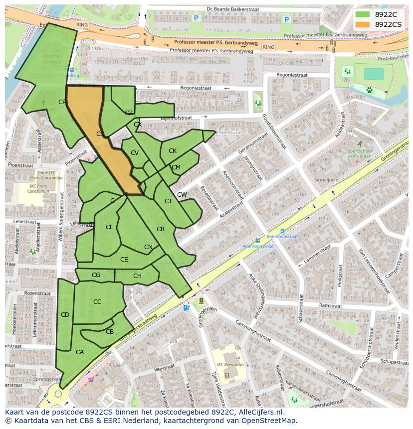Afbeelding van het postcodegebied 8922 CS op de kaart.