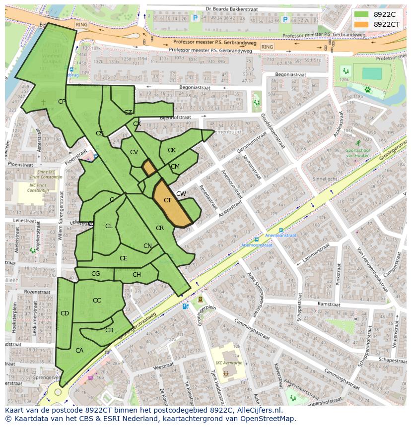 Afbeelding van het postcodegebied 8922 CT op de kaart.