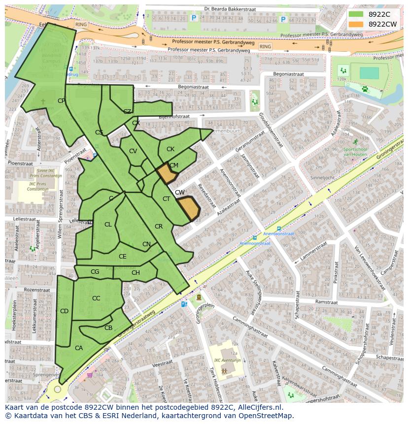 Afbeelding van het postcodegebied 8922 CW op de kaart.