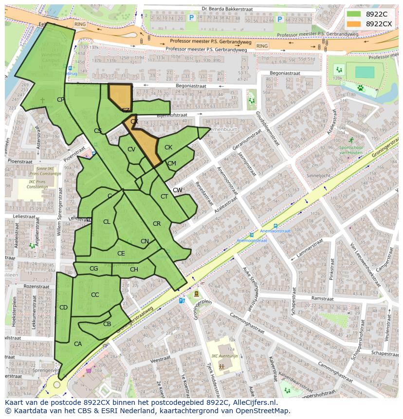 Afbeelding van het postcodegebied 8922 CX op de kaart.