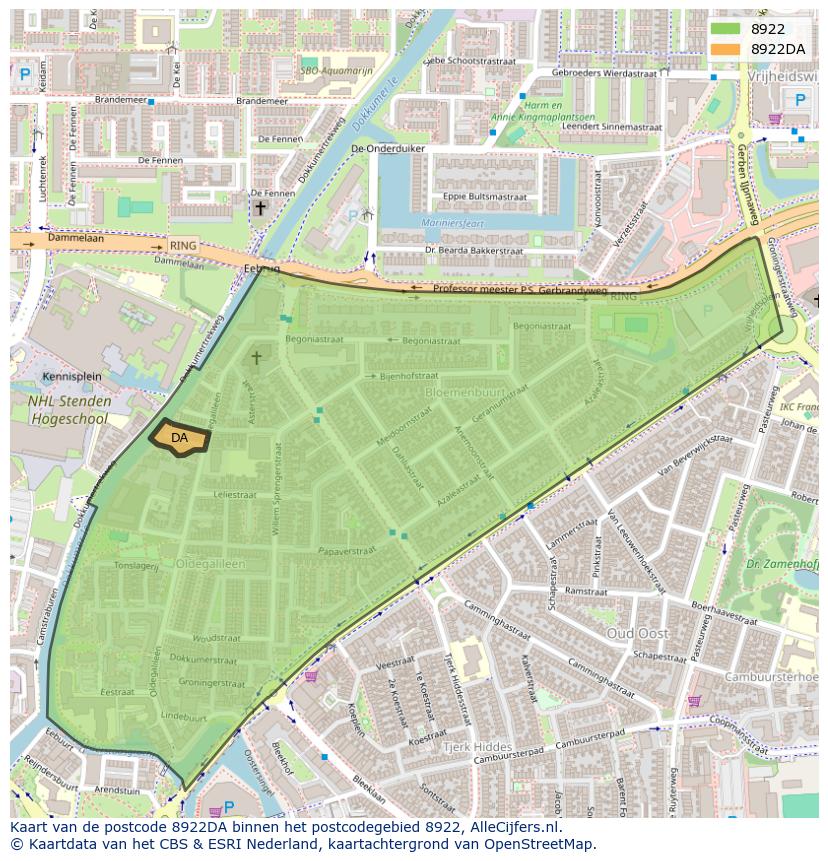 Afbeelding van het postcodegebied 8922 DA op de kaart.