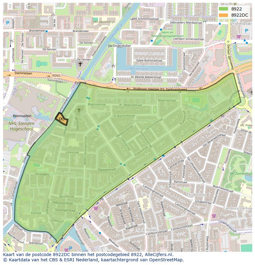 Afbeelding van het postcodegebied 8922 DC op de kaart.