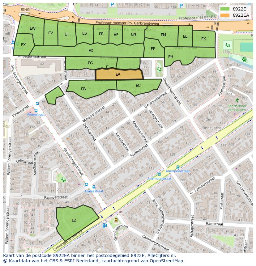 Afbeelding van het postcodegebied 8922 EA op de kaart.