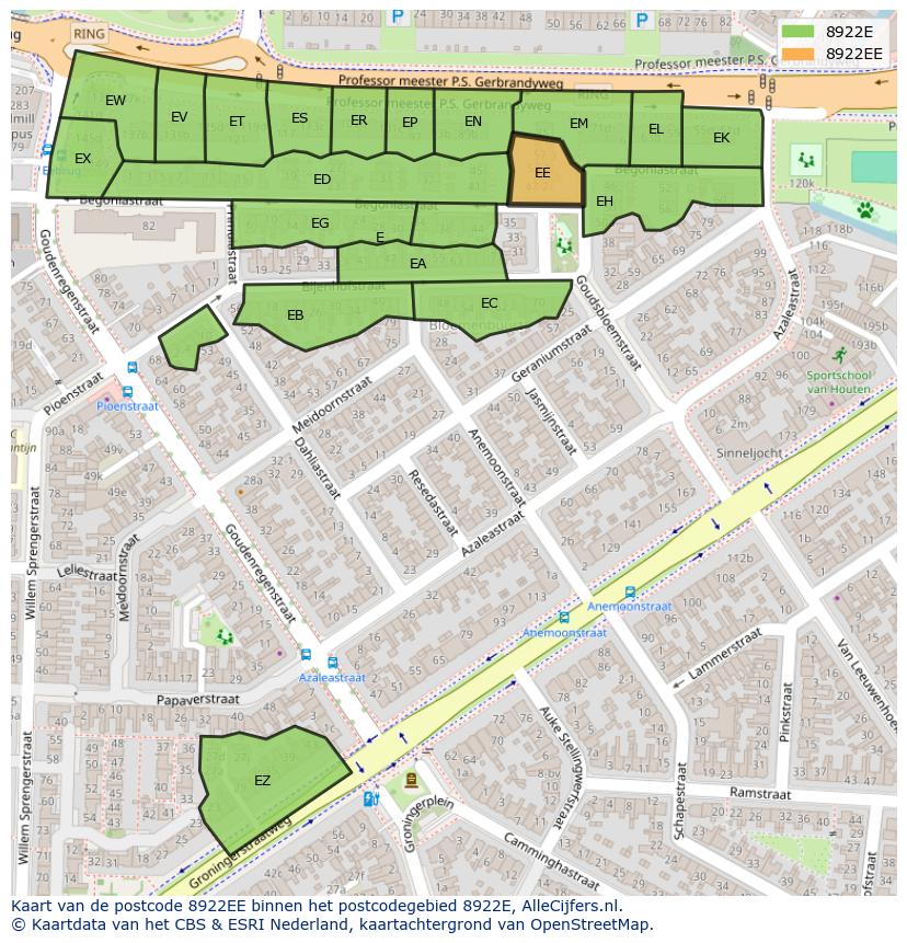 Afbeelding van het postcodegebied 8922 EE op de kaart.