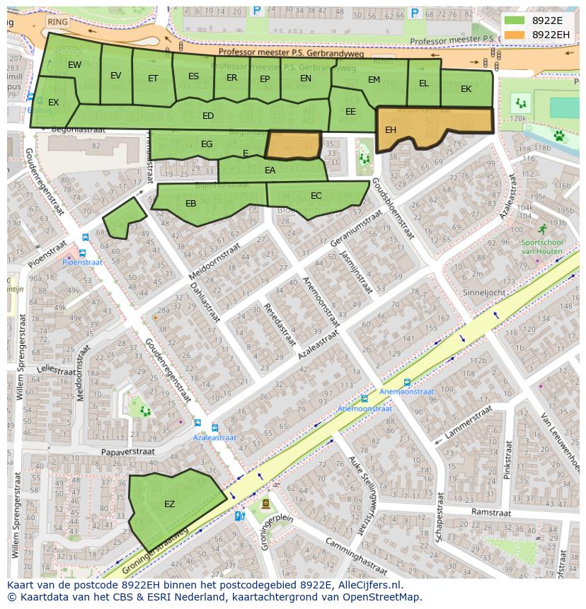 Afbeelding van het postcodegebied 8922 EH op de kaart.