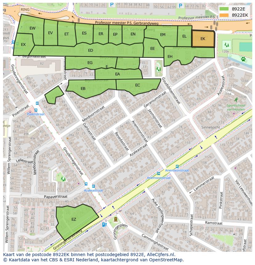 Afbeelding van het postcodegebied 8922 EK op de kaart.