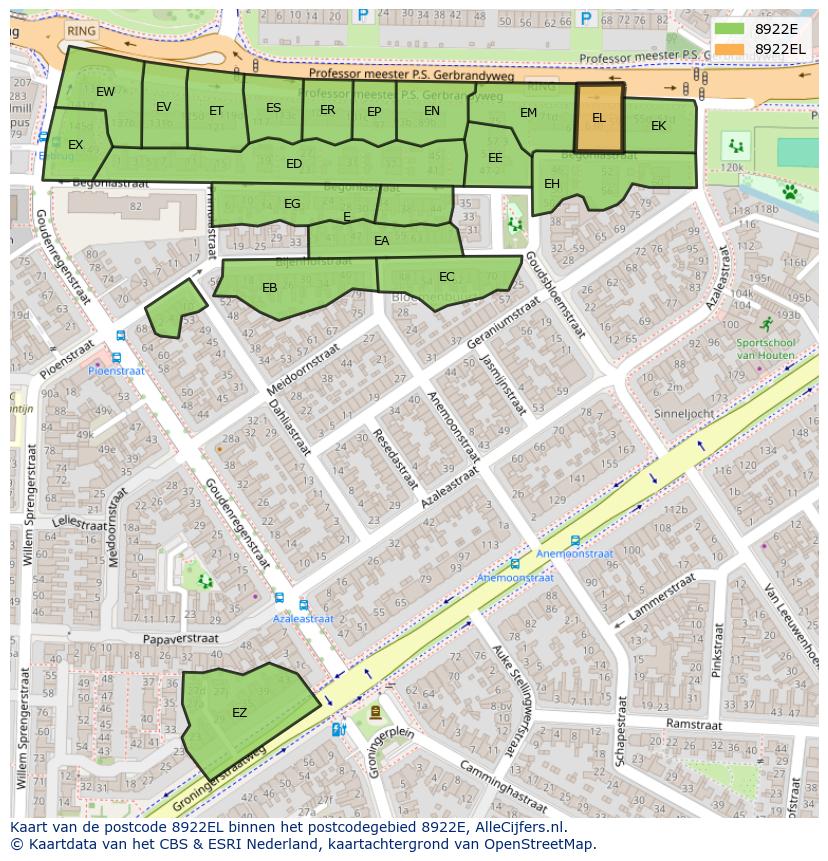 Afbeelding van het postcodegebied 8922 EL op de kaart.