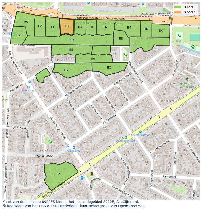 Afbeelding van het postcodegebied 8922 ES op de kaart.