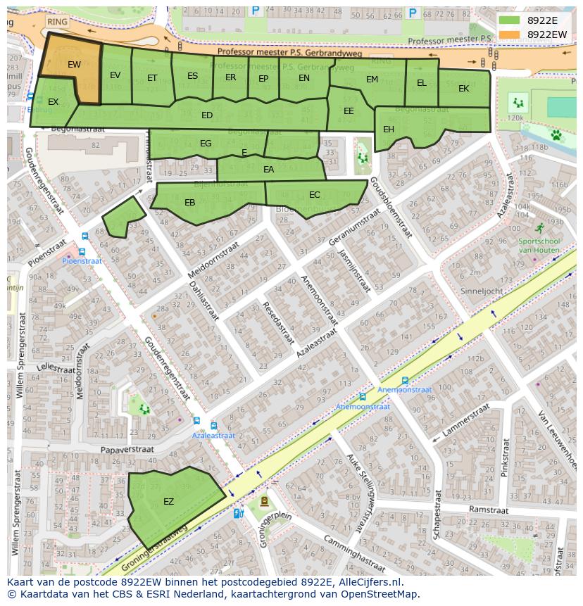 Afbeelding van het postcodegebied 8922 EW op de kaart.