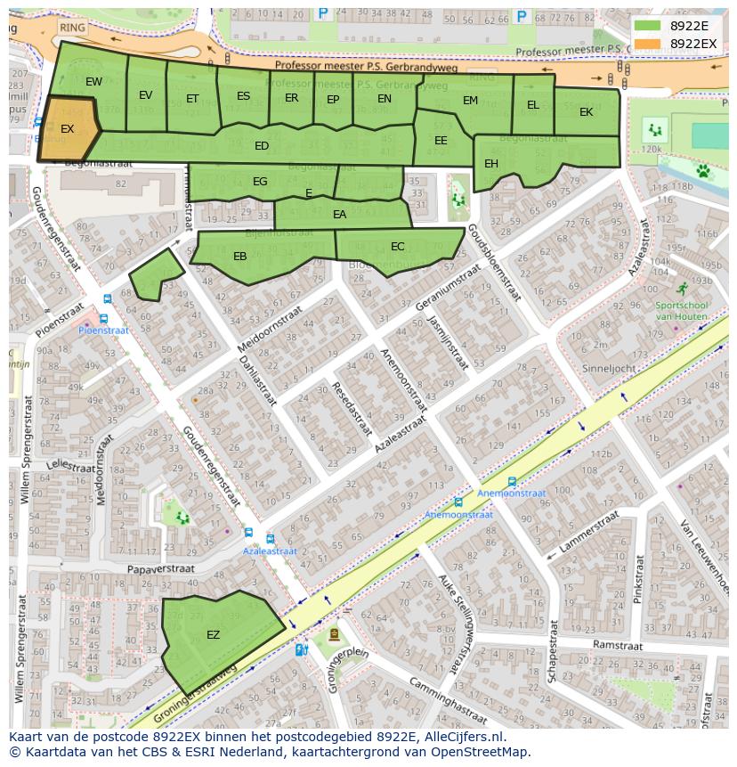 Afbeelding van het postcodegebied 8922 EX op de kaart.
