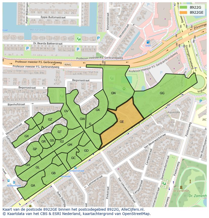 Afbeelding van het postcodegebied 8922 GE op de kaart.
