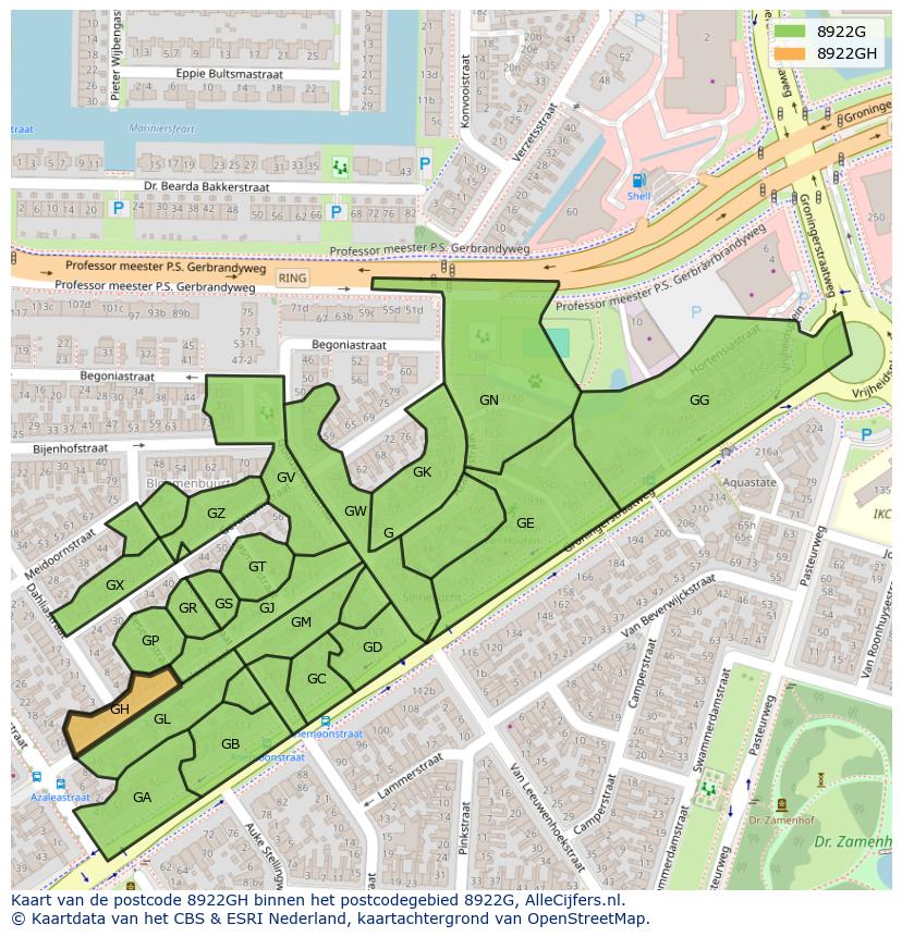 Afbeelding van het postcodegebied 8922 GH op de kaart.