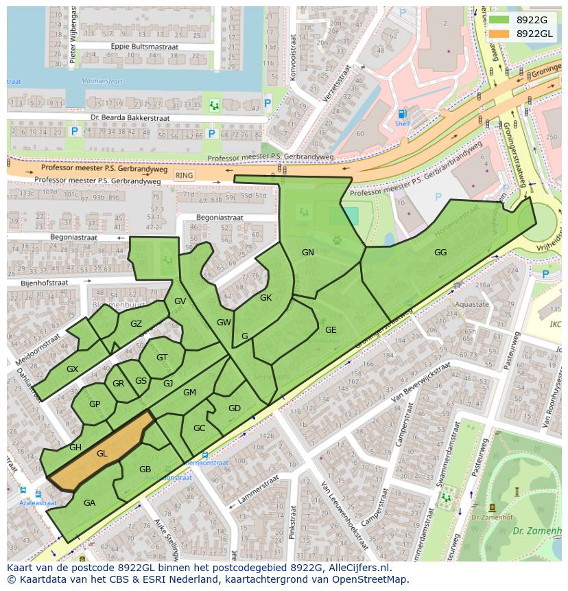 Afbeelding van het postcodegebied 8922 GL op de kaart.