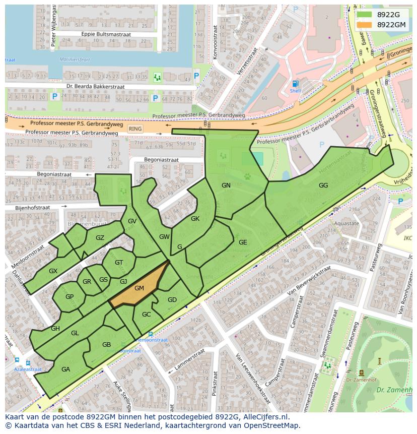 Afbeelding van het postcodegebied 8922 GM op de kaart.