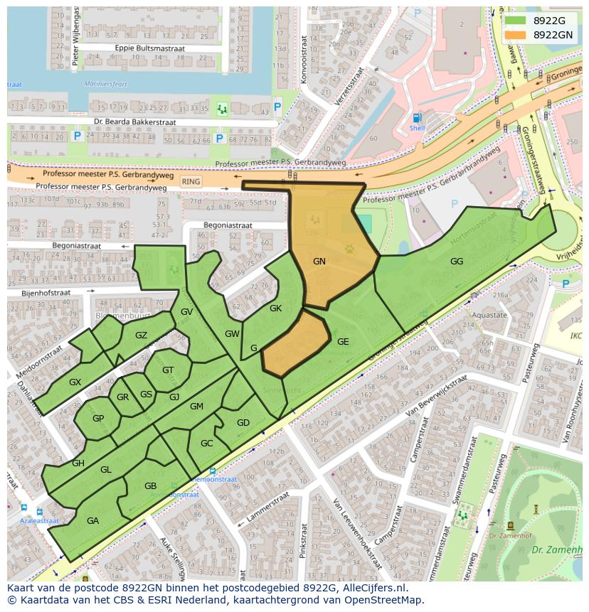 Afbeelding van het postcodegebied 8922 GN op de kaart.