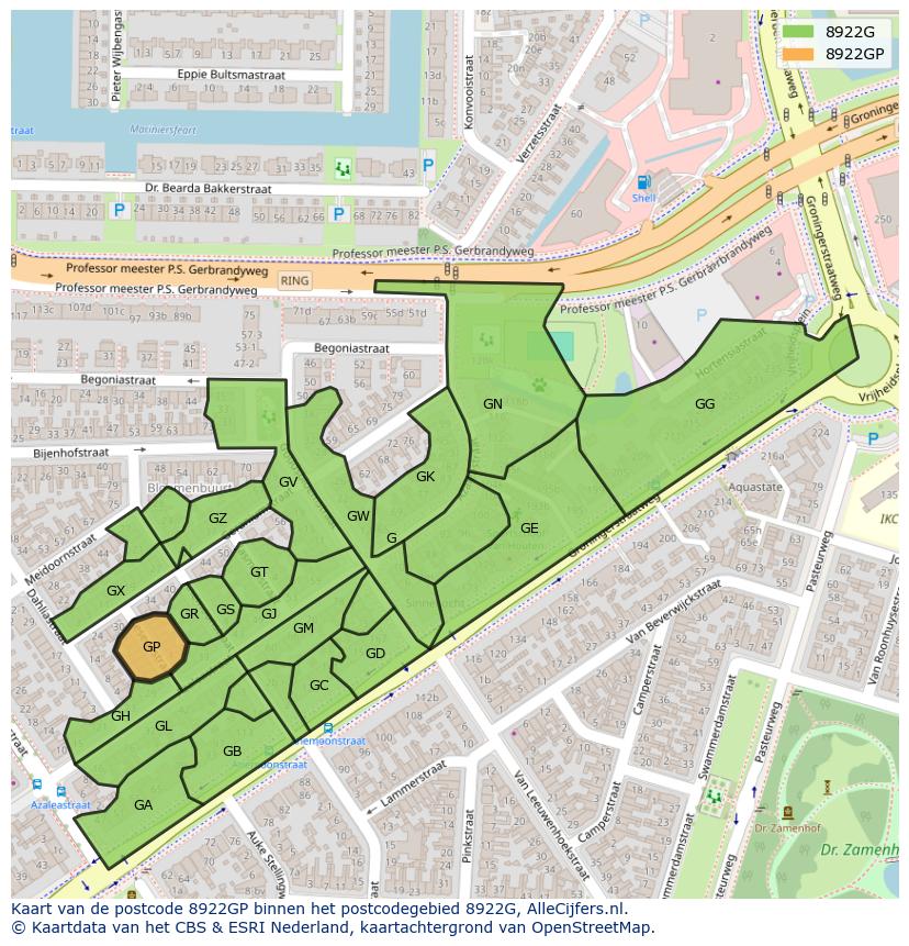 Afbeelding van het postcodegebied 8922 GP op de kaart.