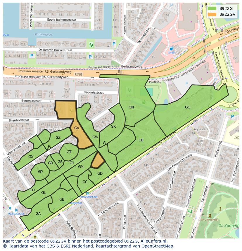 Afbeelding van het postcodegebied 8922 GV op de kaart.