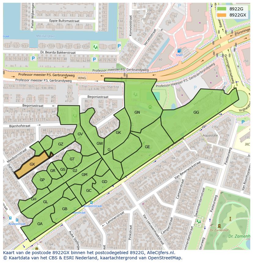 Afbeelding van het postcodegebied 8922 GX op de kaart.