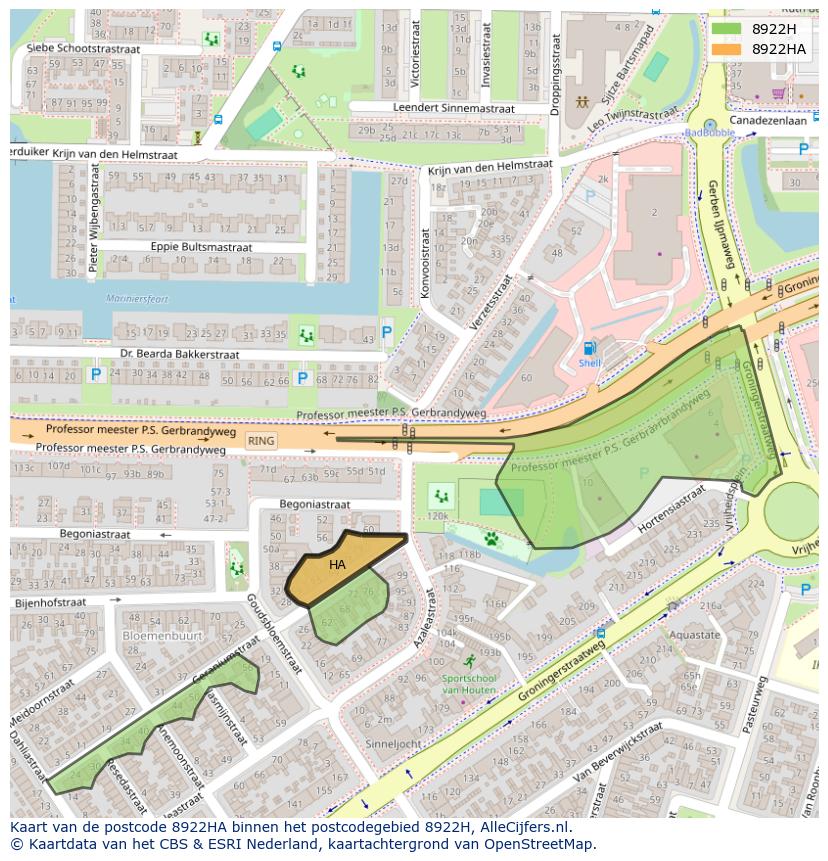 Afbeelding van het postcodegebied 8922 HA op de kaart.